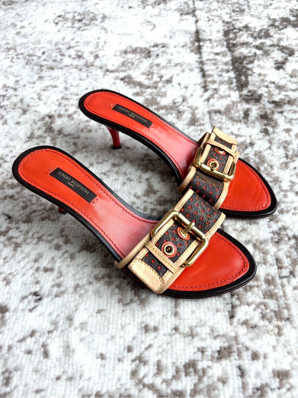 Vintage Y2K Louis Vuitton Monogram Perfo Leather Buckle Kitten Heel Sandals